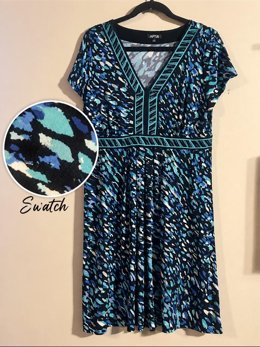 APT. 9 Blue Teal Abstract Print V-Neck Dress Size L